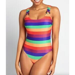 Modcloth Ashley Colorful Rainbow Stripe One Piece Swim Bathing Suit Size Small